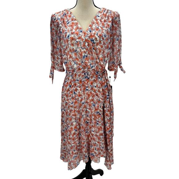 Tommy Hilfiger Short Sheer Sleeve Faux Wrap Floral Print Midi Dress - Red Blue - Picture 1 of 11